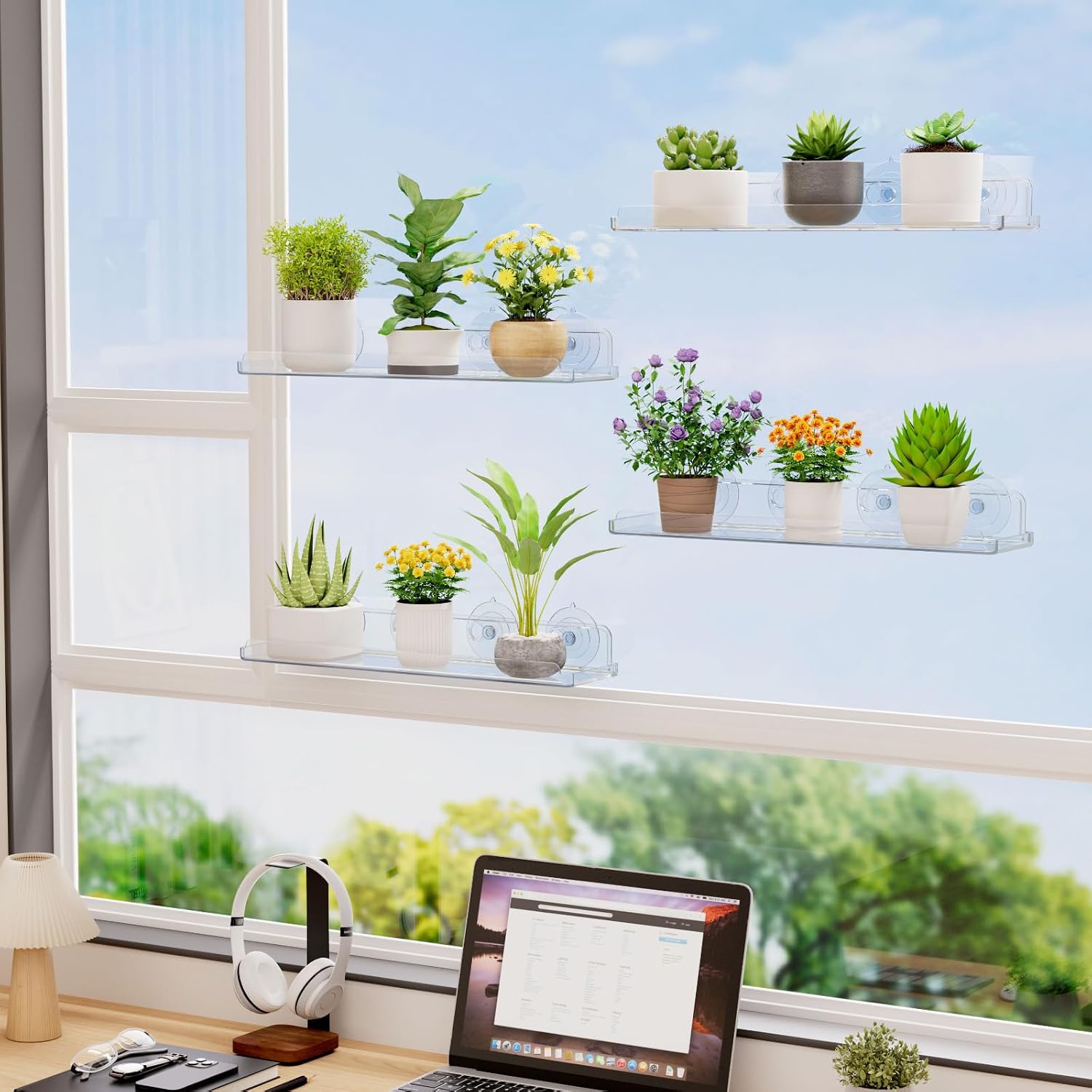 Lifewit Window Plant Shelves 14.6", 2 Pack Acrylic Suction Cup Holder