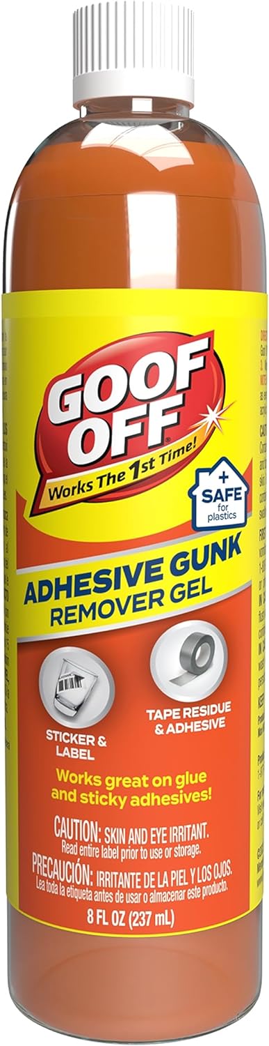Goof Off Adhesive Gunk Remover, 8 fl. oz., Removes Stickers, Glue, Labels, Tape Residue and Adhesive, Ideal for Hard Surfaces Like Metal, Glass and Non-Acrylic Plastic