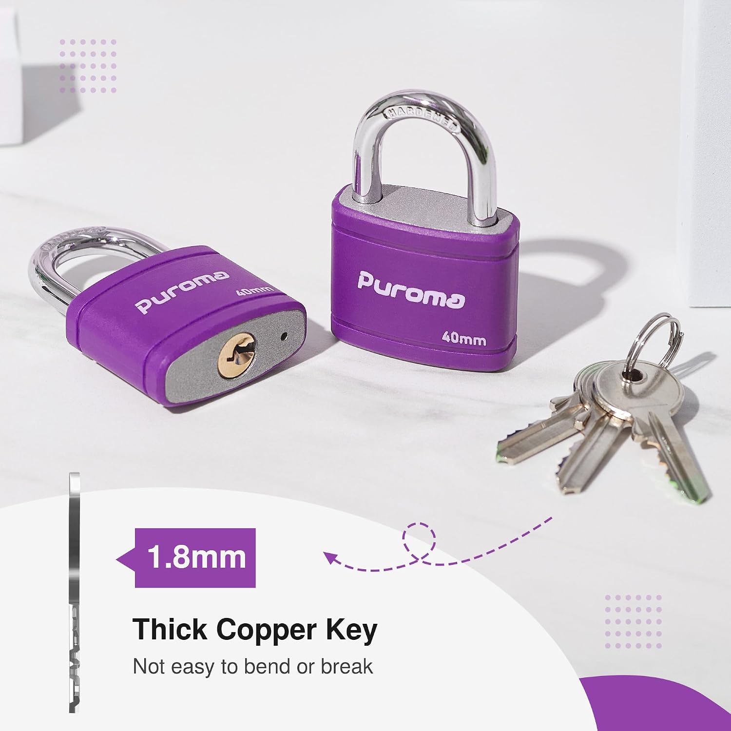 Puroma 2 Keyed Padlock with 3 Keys 7/8" School Locker Lock Gate 40mm Purple