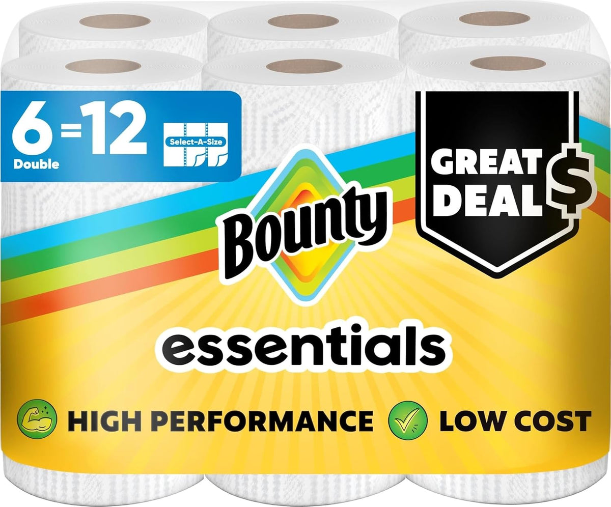 Bounty Essentials Select-A-Size Paper Towels, 6 Double Rolls, White, 108 Sheets Per Roll