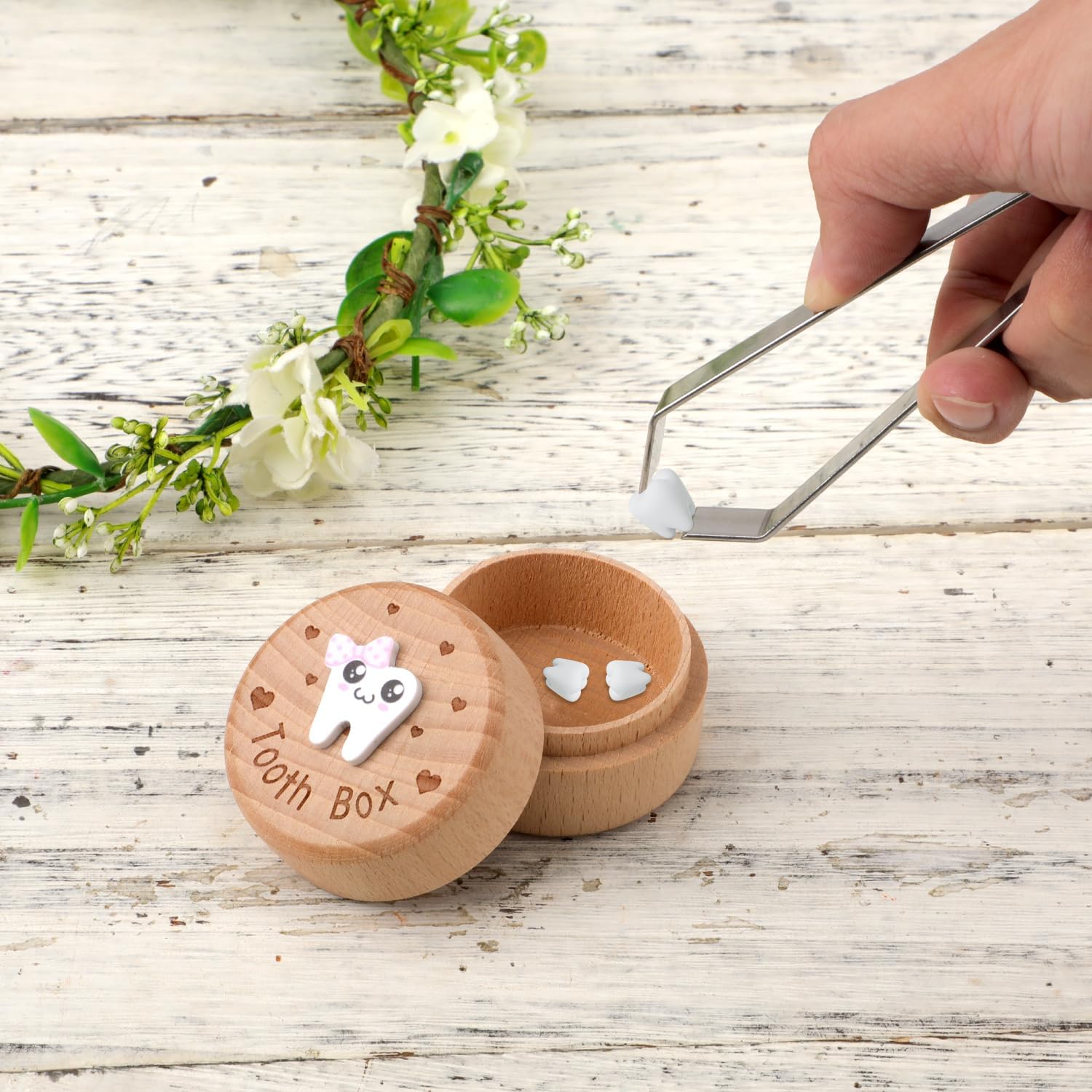 PEUTIER 3D Carved Tooth Fairy Box, Wooden Tooth Storage Box for Lost Teeth