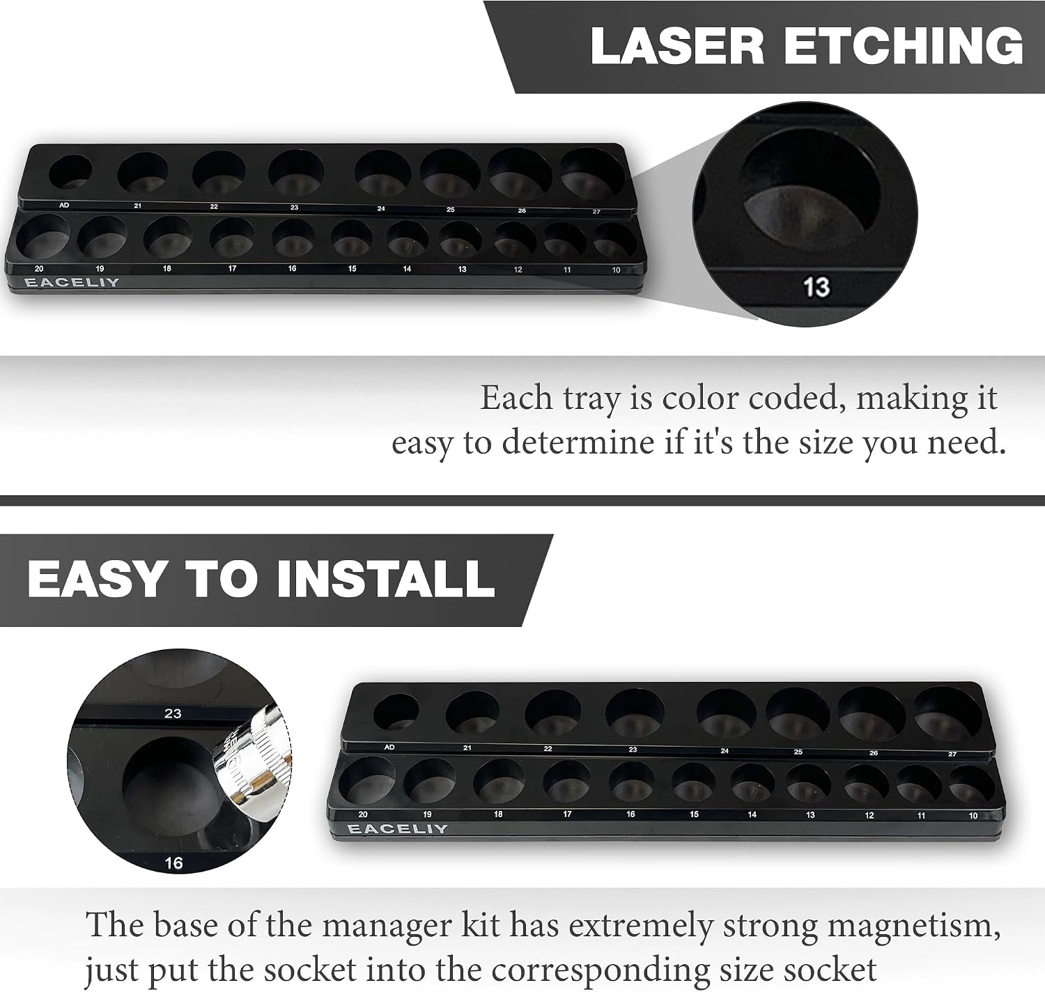 EACELIY Magnetic Socket Organizer Set,Metric Socket Holder Kit, Socket Trays，holds 75 Deep and Shallow 3/8" Sockets(sockets not included) 丨3Pcs 1/2", 1/4" and 3/8" （Black）