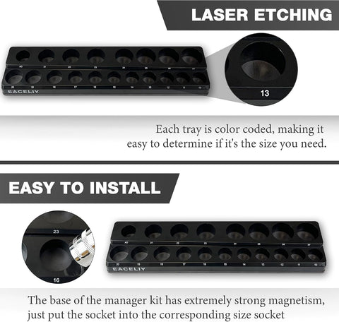 EACELIY Magnetic Socket Organizer Set,Metric Socket Holder Kit, Socket Trays，holds 75 Deep and Shallow 3/8" Sockets(sockets not included) 丨3Pcs 1/2", 1/4" and 3/8" （Black）