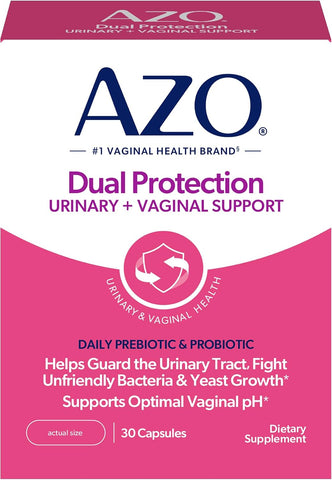 AZO Dual Protection Urinary + Vaginal, Women Probiotics & Prebiotics, 30 Ct | Made For Urinary Tract Health, Fights Unfriendly Bacteria & Yeast Growth, Supports Vaginal pH Balance & Odor*