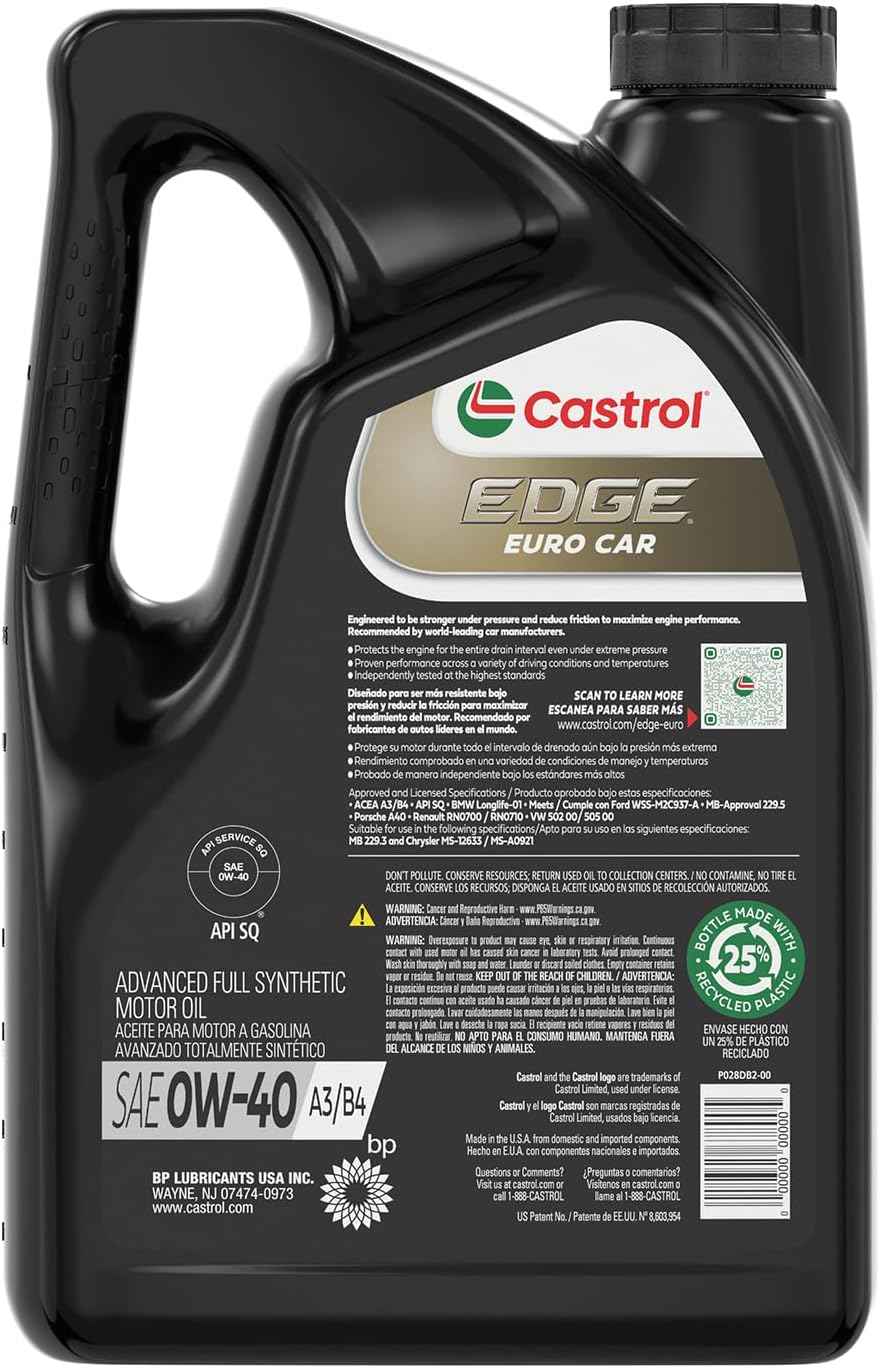 Castrol Edge Euro 0W-40 A3/B4 Advanced Full Synthetic Motor Oil, 5 Quarts