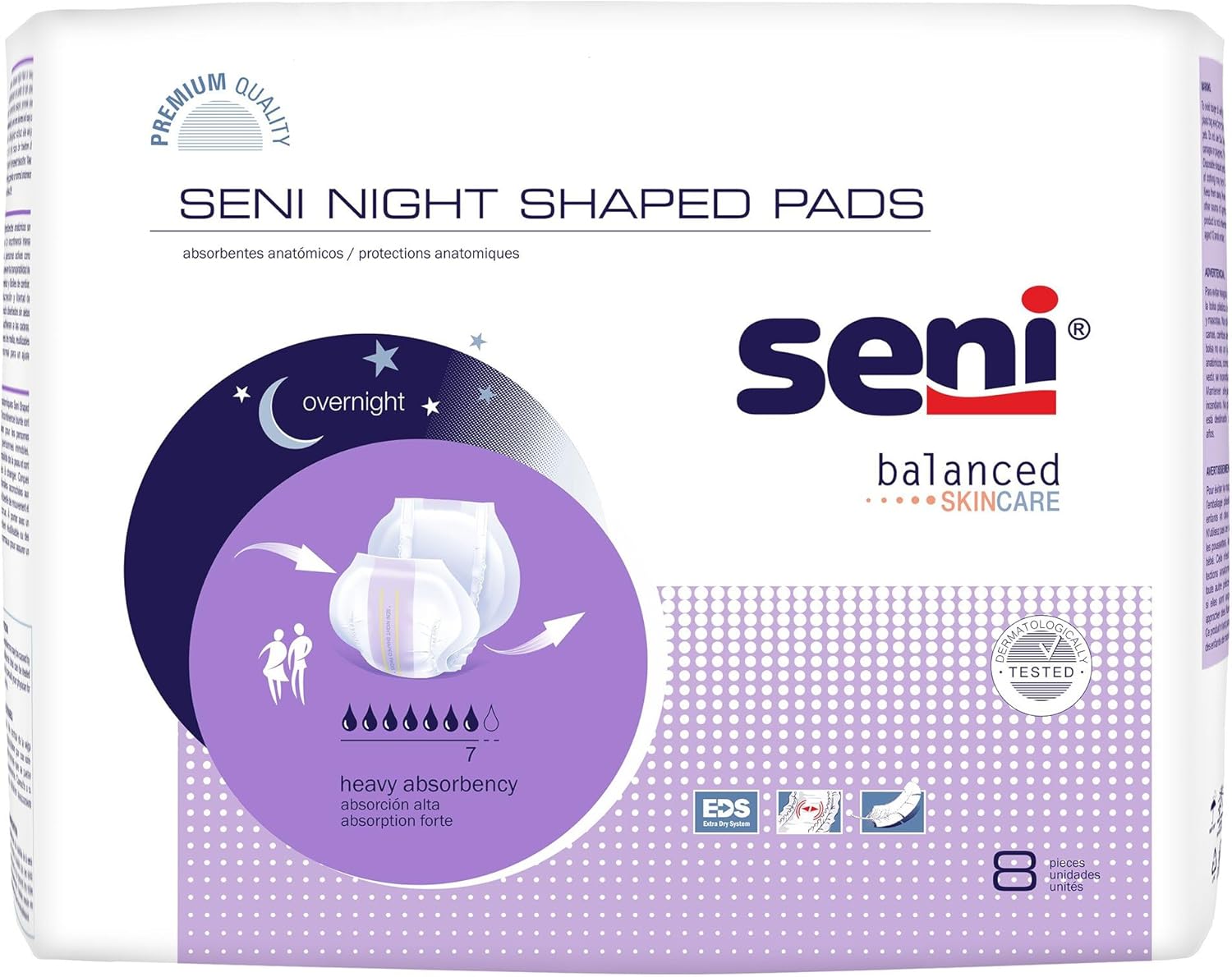 Seni Night Shaped Pads, Unisex, Length, Heavy Absorbency, 27 in, 8 ct