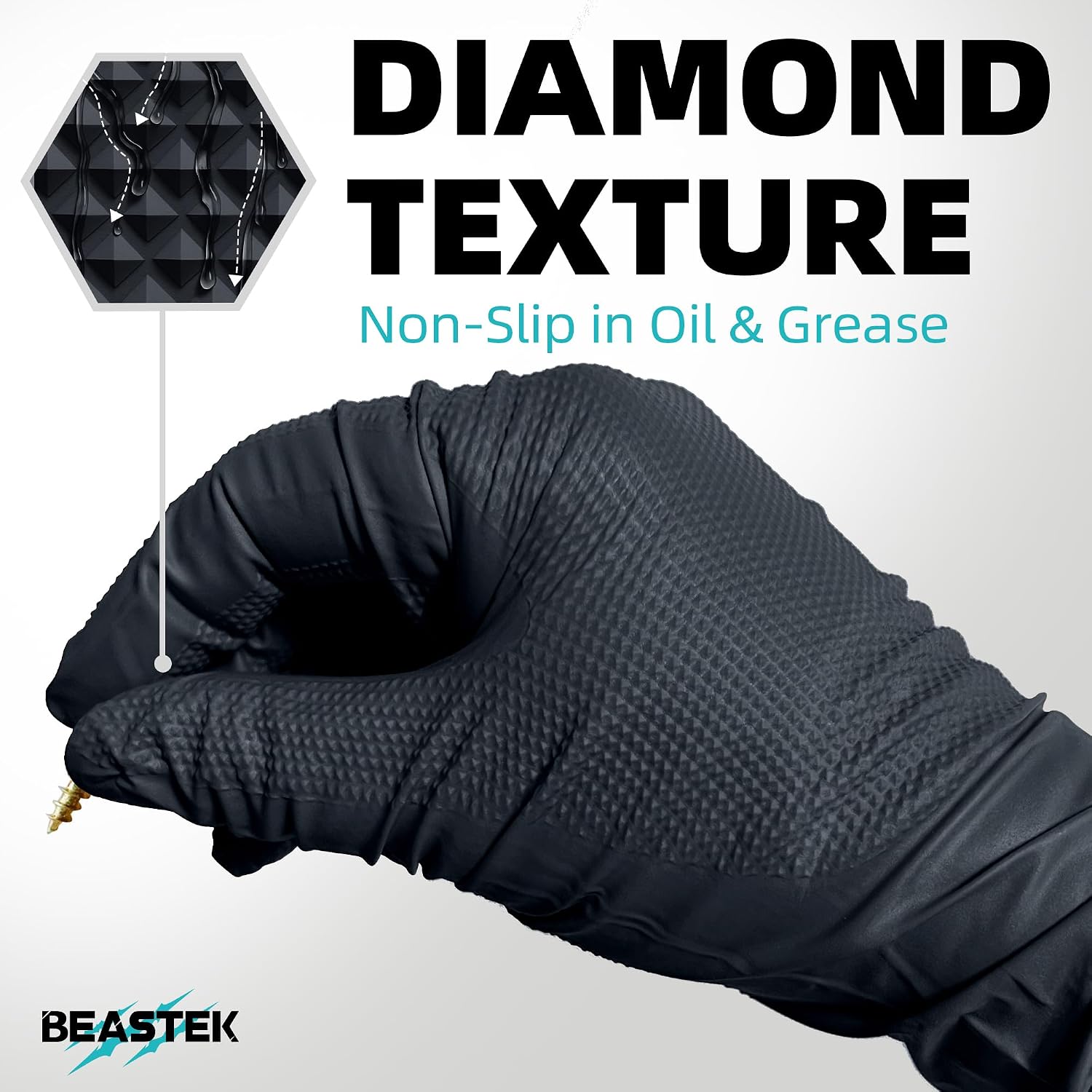 BEASTEK Nitrile Disposable Gloves, 8Mil Latex & Powder Free Chemical Resistant Heavy Duty Food Safe Diamond Glove Black 50Pcs