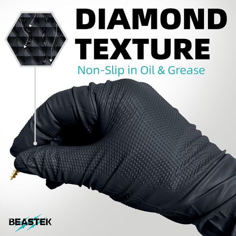 BEASTEK Nitrile Disposable Gloves, 8Mil Latex & Powder Free Chemical Resistant Heavy Duty Food Safe Diamond Glove Black 50Pcs