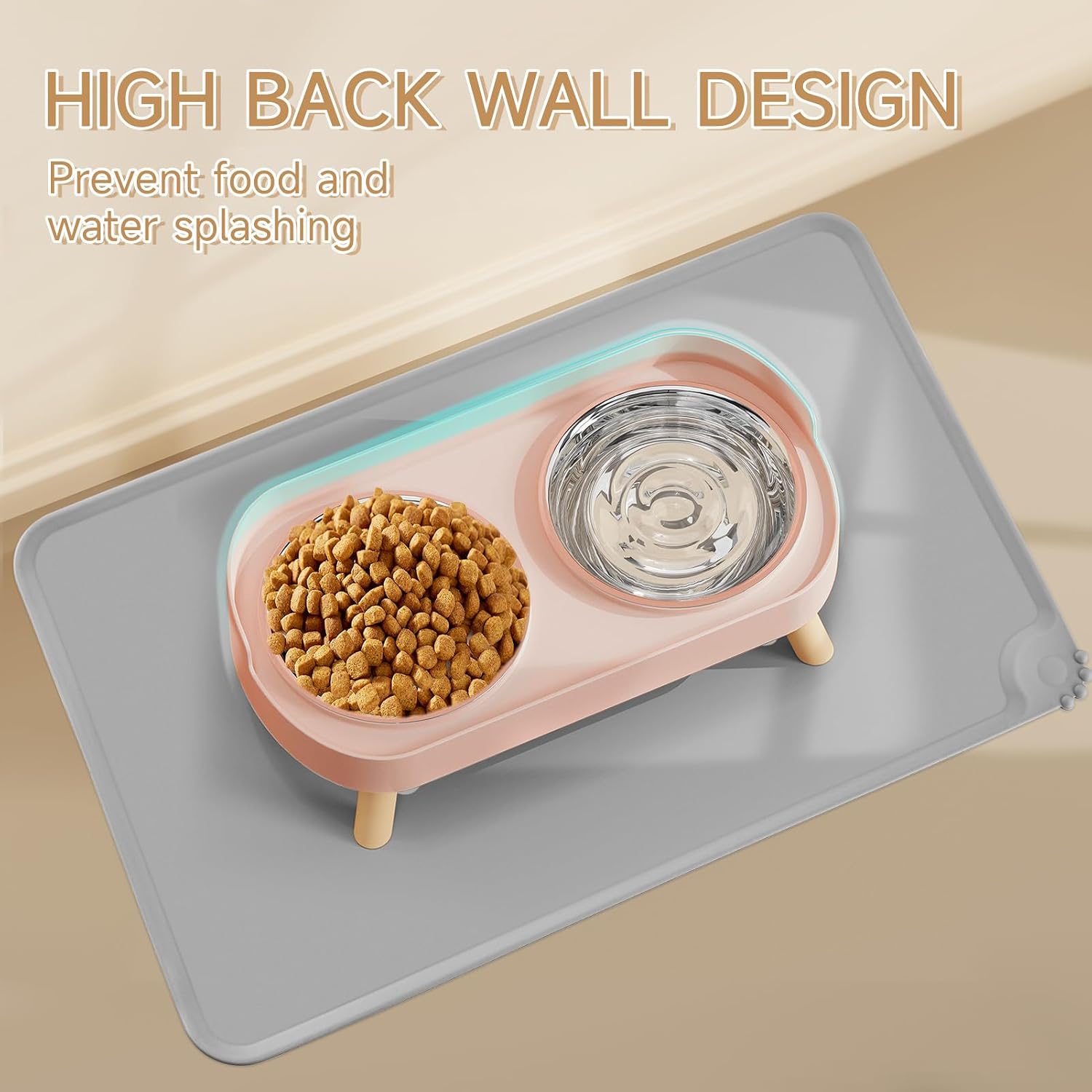 Elevated Cat Bowl with Food Mat, Raised Cat Food and Water Bowl Set for Indoor Cats, Splash Proof with 2 Stainless Steel Pet Food Bowls for Cats and Puppies,Whisker Fatigue and Dishwasher Safe (Pink)