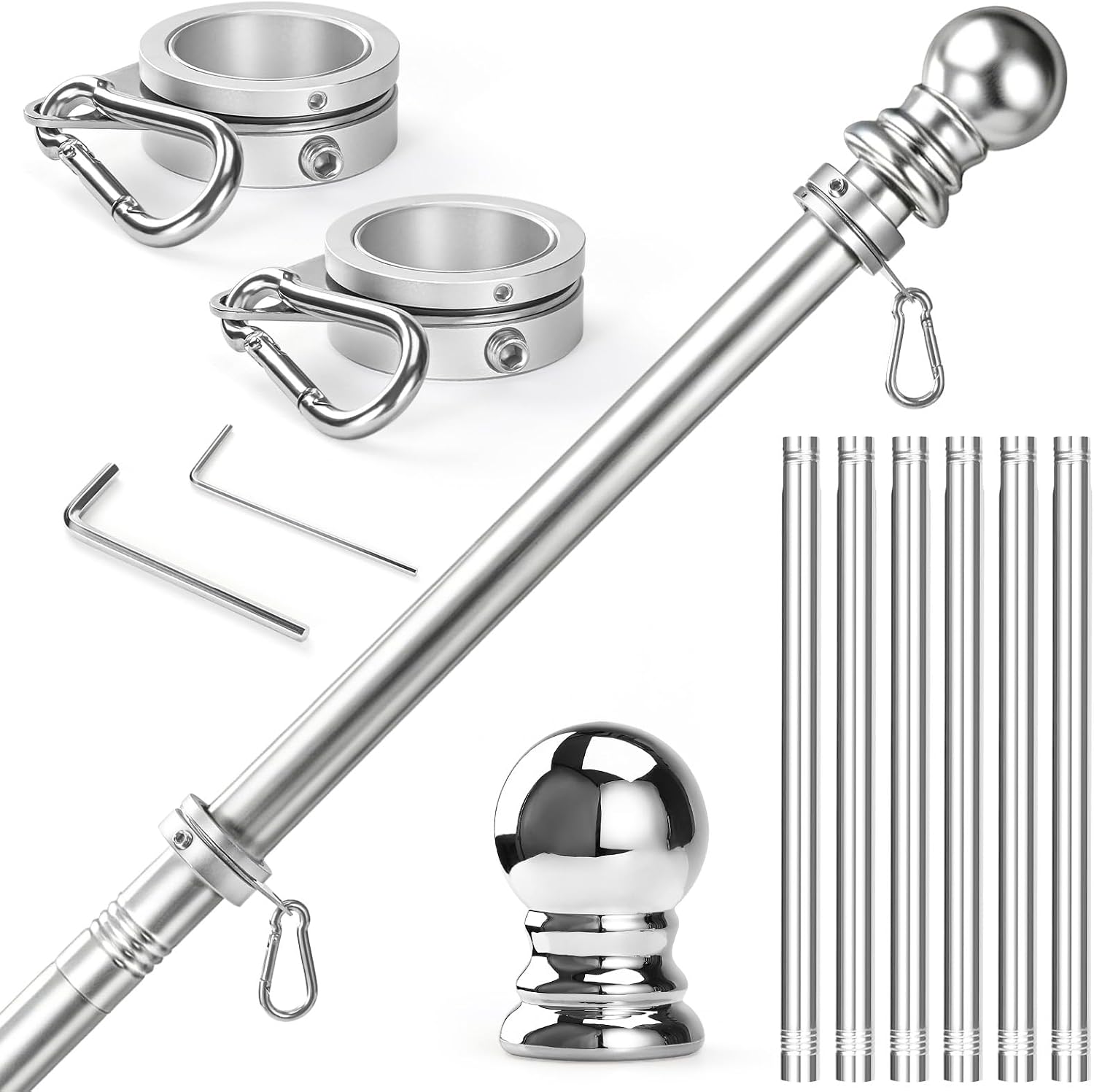 Anovo Flag Pole for Outside House - Stainless Steel 7 FT Flag Poles Kit with1 Inch Metal 360° Rotating Rustproof Flag Pole Rings for Outside House Porch 3x5 Flag Without Holder (7 FT-Sliver)