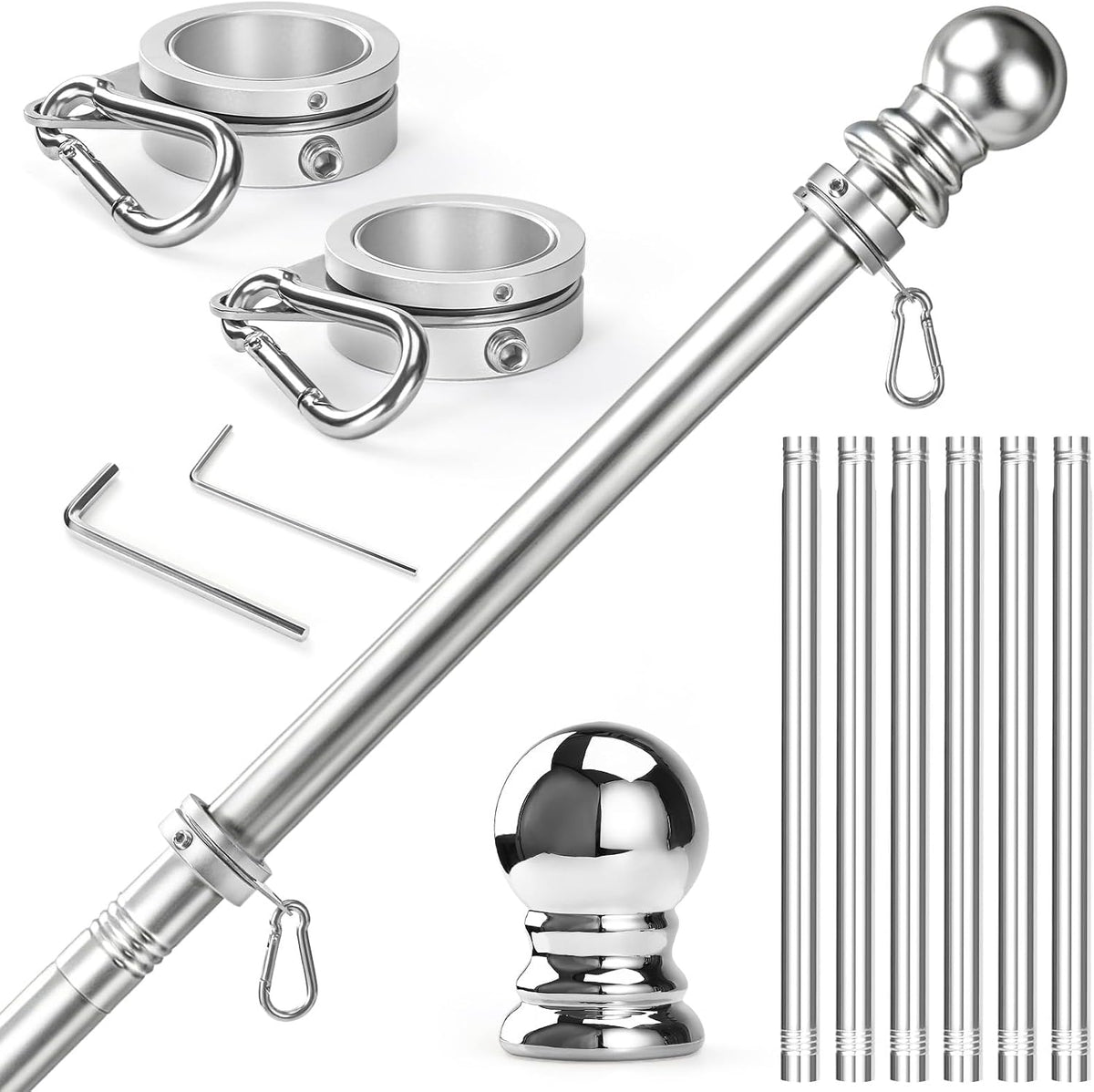 Anovo Flag Pole for Outside House - Stainless Steel 7 FT Flag Poles Kit with1 Inch Metal 360° Rotating Rustproof Flag Pole Rings for Outside House Porch 3x5 Flag Without Holder (7 FT-Sliver)