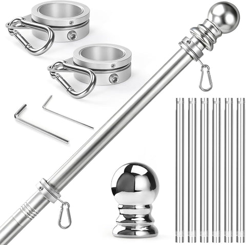 Anovo Flag Pole for Outside House - Stainless Steel 7 FT Flag Poles Kit with1 Inch Metal 360° Rotating Rustproof Flag Pole Rings for Outside House Porch 3x5 Flag Without Holder (7 FT-Sliver)
