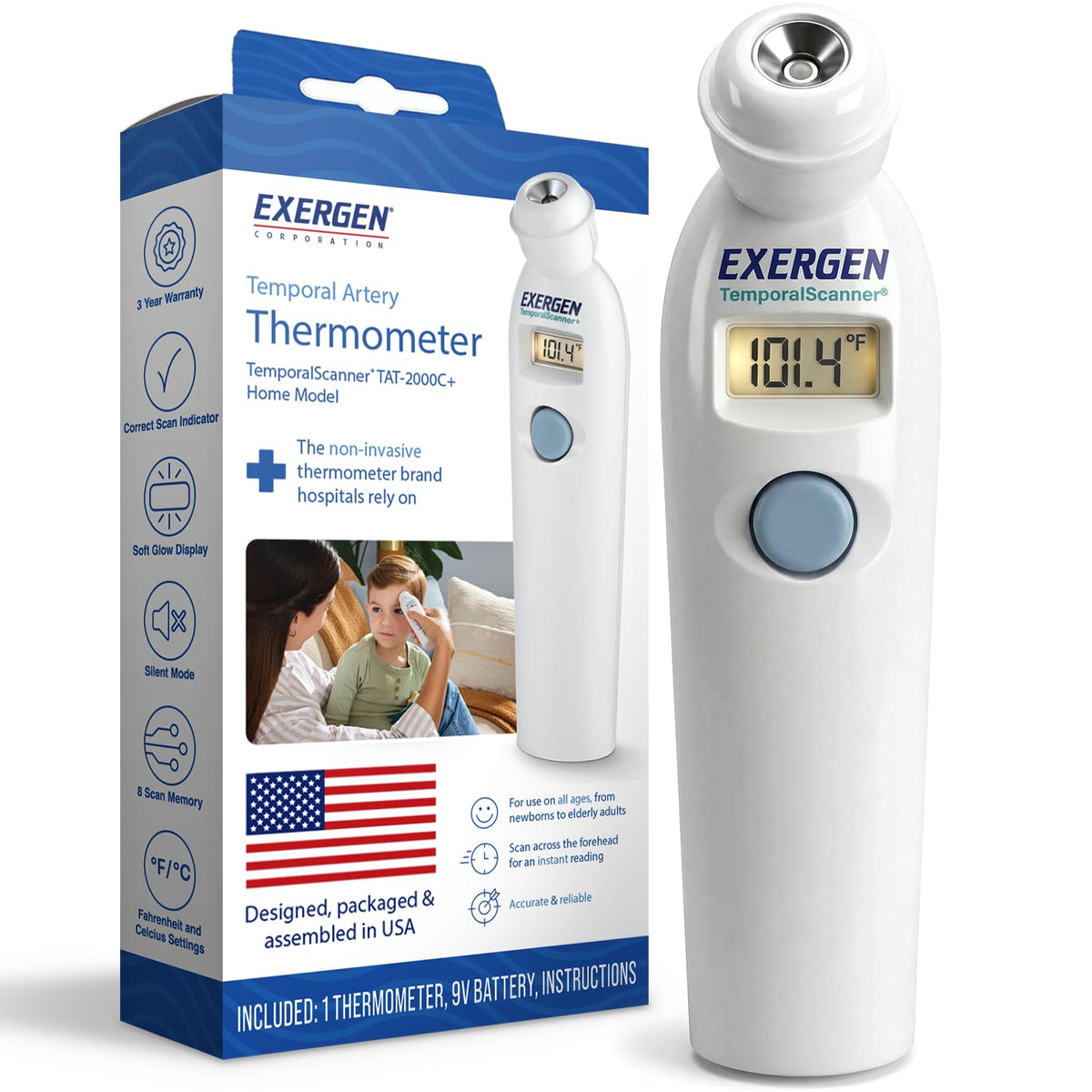 Exergen TAT-2000C+ Thermometer for Adults, Kids, & Newborns, 9V Included
