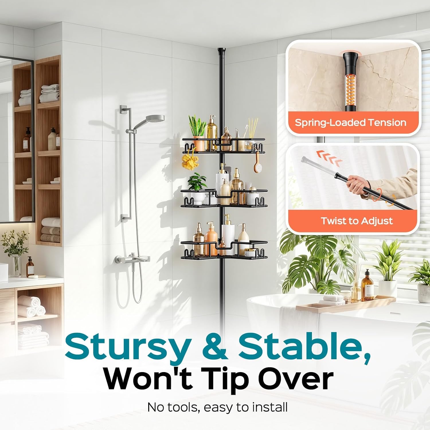 HAMITOR Shower Caddy Tension Pole: 4-Tier Adjustable Corner Shelf Black