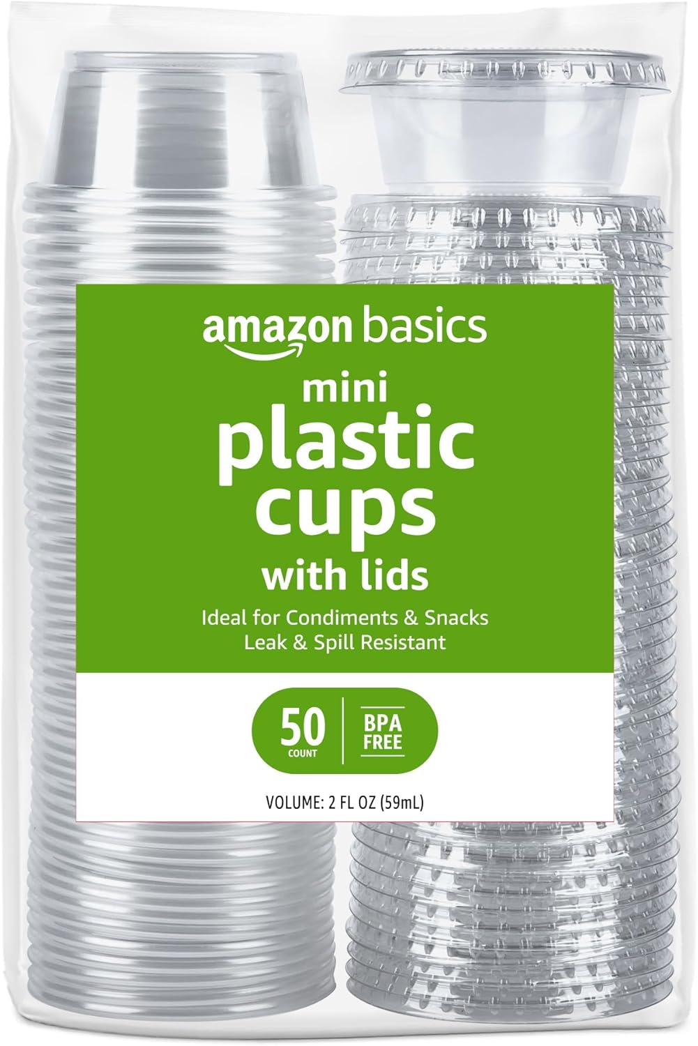 Amazon Basics Disposable Plastic To-Go Cups and Lids, Mini, 2oz, 50 Count, BPA Free, for Condiment, Salad Dressing, Sauces, Jello Shots