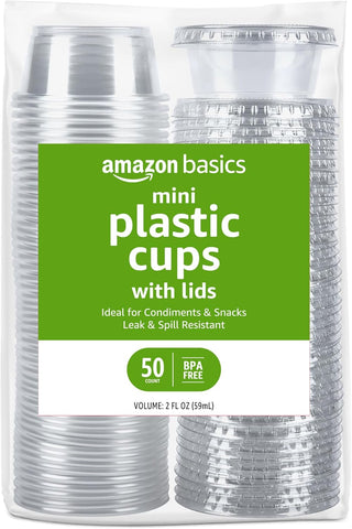 Amazon Basics Disposable Plastic To-Go Cups and Lids, Mini, 2oz, 50 Count, BPA Free, for Condiment, Salad Dressing, Sauces, Jello Shots