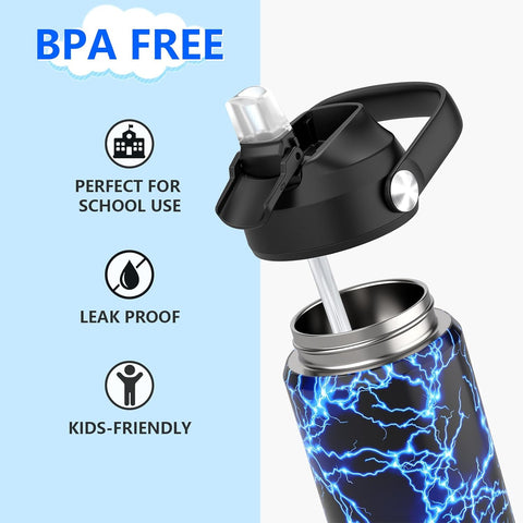 Boys Water Bottle with Straw,18 oz Kids Insulated Cups with Stainless Steel Leak Proof for School,Sport&Travel（Lightning）