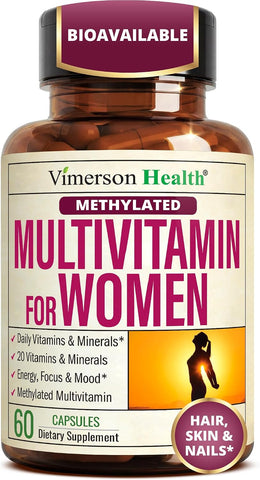 Vimerson Health Multivitamin for Women: Methylated B Vitamins, Chelated Minerals and Bioavailable D3 for Focus and Energy Support – Daily Womens Multivitamins and Multiminerals – 60 Capsules