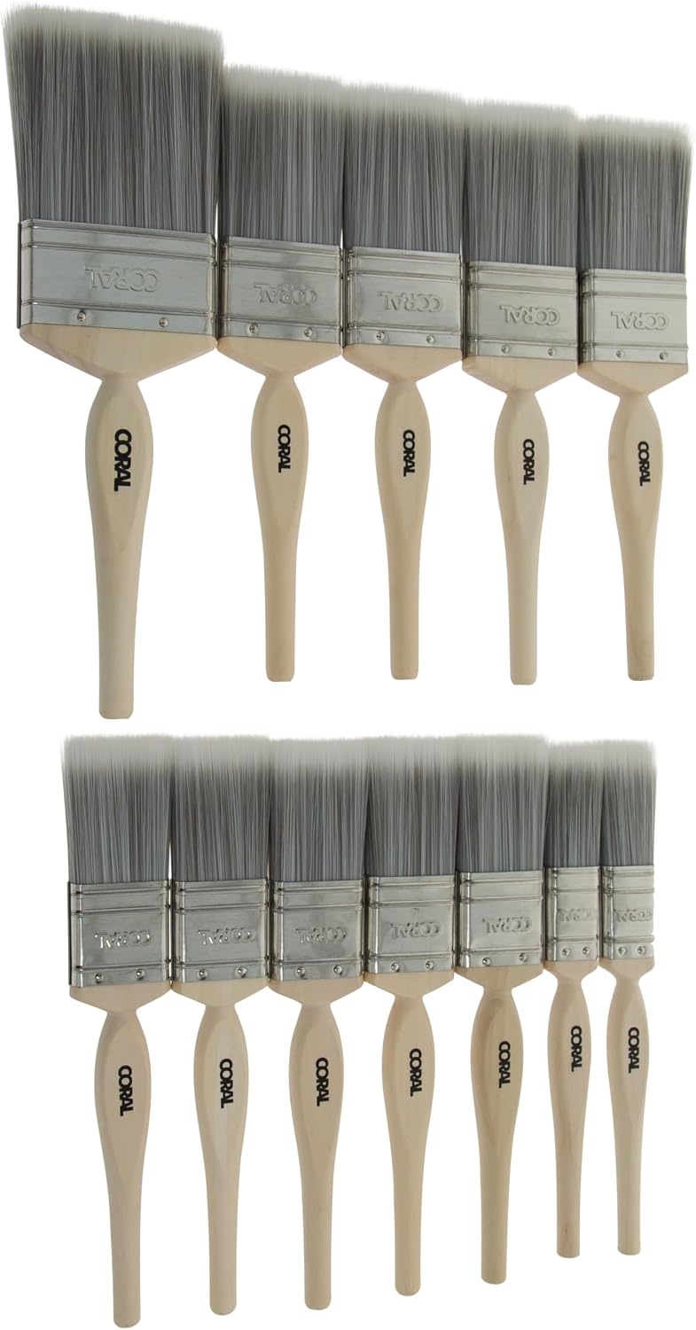 Coral 31409 Painter's Dozen Paint Brushes 12Pk - Trade Pro Quality - FSC Wood Handles - House Paint Brushes for Walls 2x1, 5x1.5, 4x2, 3" - Ideal Wall Paint Brushes for House Painting