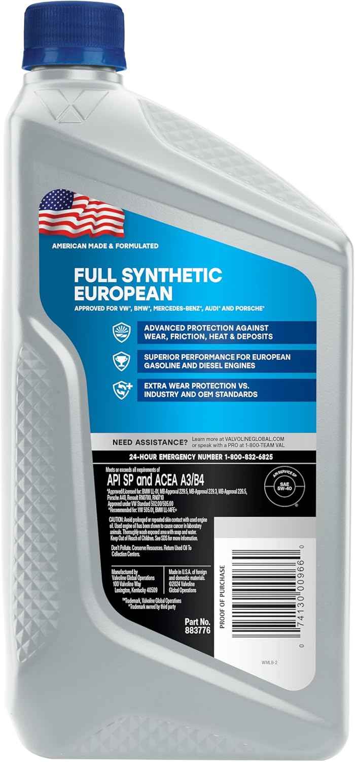 Valvoline European Vehicle Full Synthetic SAE 5W-40 Motor Oil 1 QT