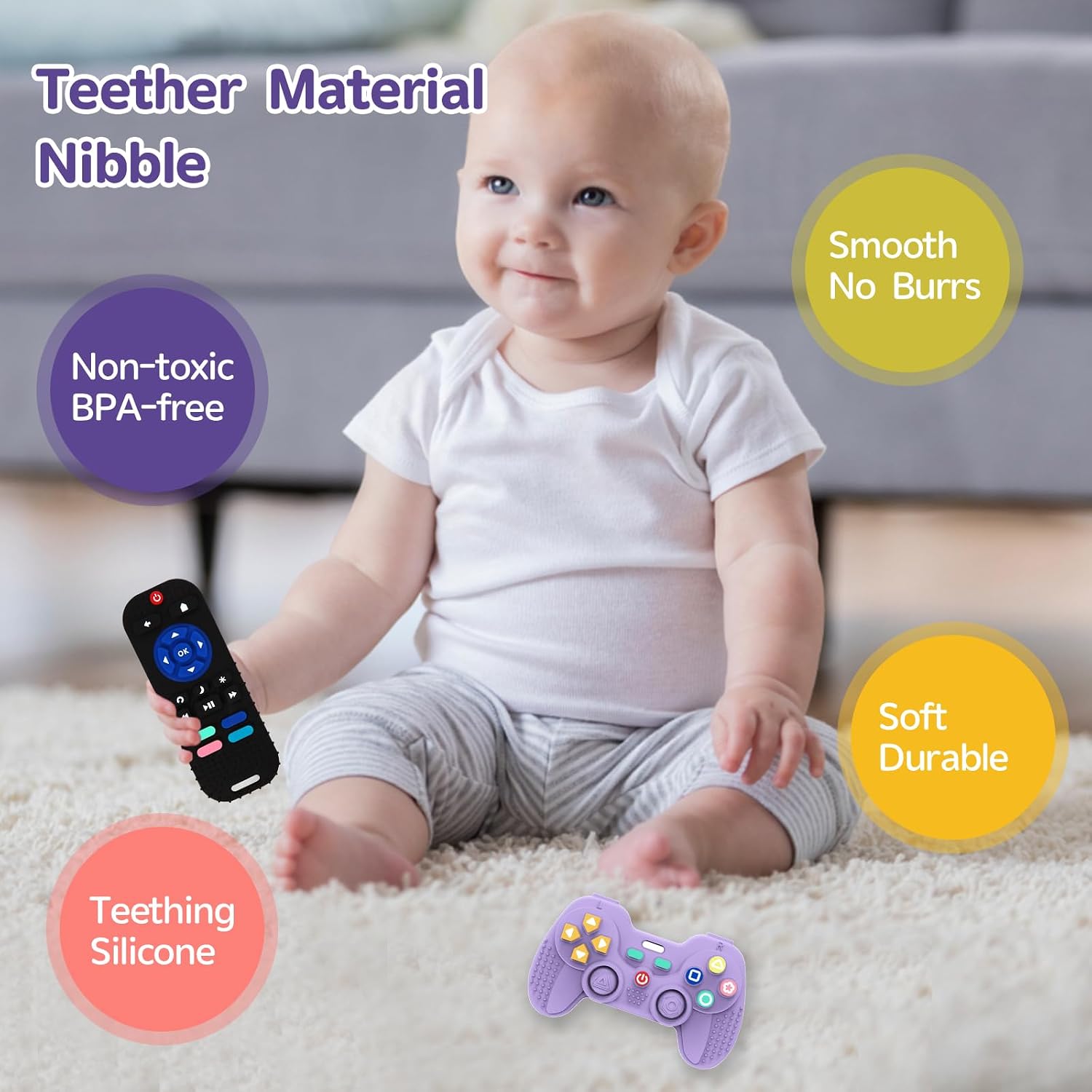 Hooku 2 Pack Remote Teether for Baby, Silicone Teethers for Babies 6-12 Months, Baby Teething Toys for Babies 0-6 Months, Remote Control Toy, Infant Gifts for Boys Girls