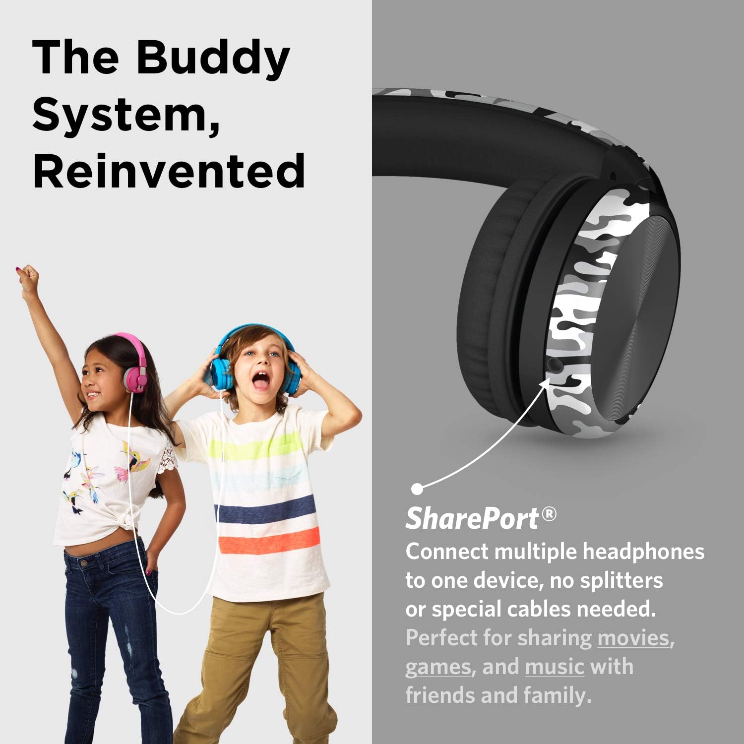 LilGadgets Connect+ Pro Wired Kids Headphones for School with Microphone, Volume Limiting Over-Ear Headset with Cord, SharePort Technology & SoftTouch Padding, Snow Camo