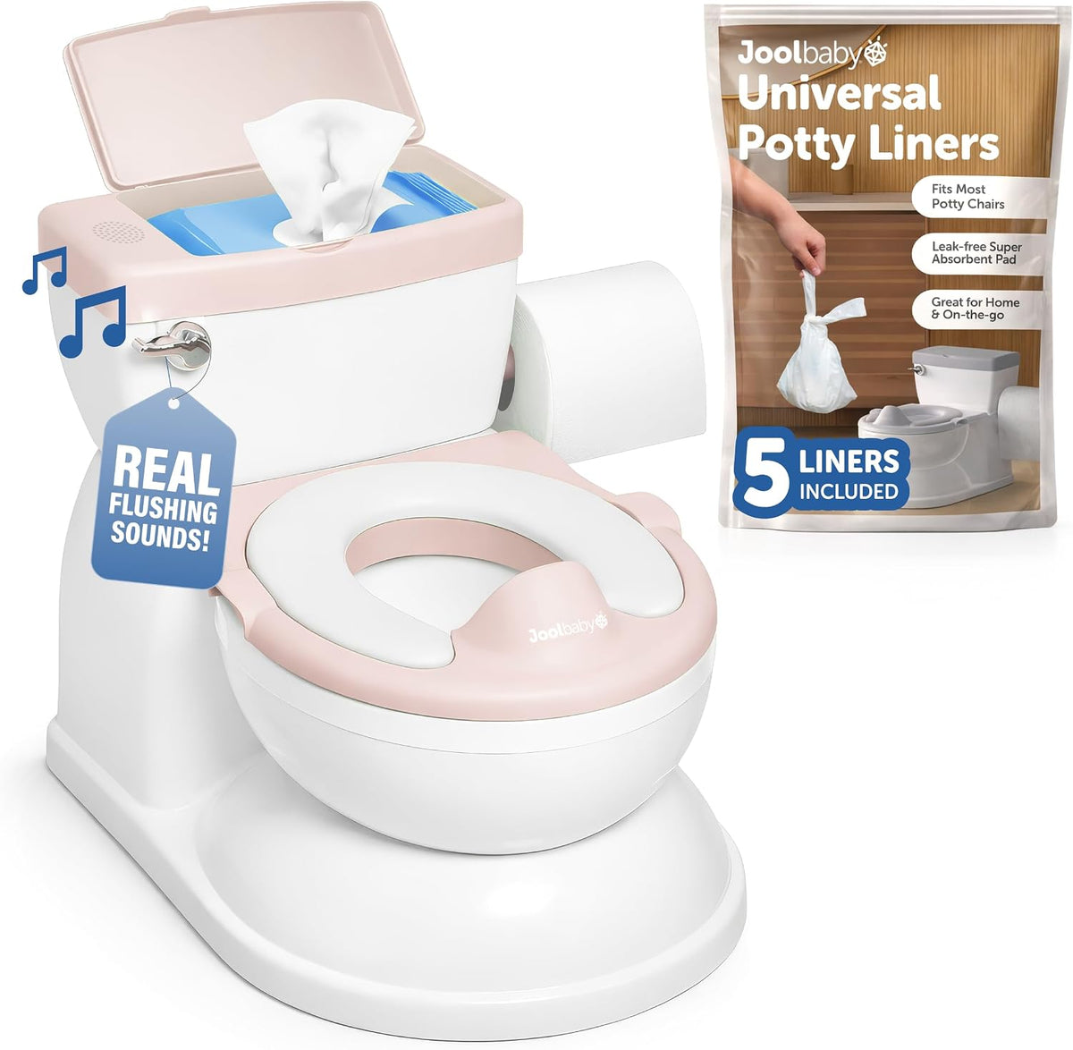 Jool Baby Real Feel 2-in-1 Potty with Wipes Storage, Flushing Sounds & Disposable Liners - Realistic Toilet - Easy to Clean & Assemble (Pink)