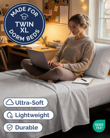 Twin XL 3 Piece Sheet Set - College Dorm Room Essentials - Light Grey