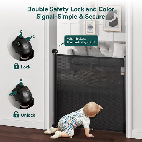 Babepai Retractable Baby Gates for Stairs, Retractable Dog Gate for Indoor/Outdoor Use | Child Gates for Doorways, Deck, Porch, Hallways, Patio (Black, 55" Wide 34" Height)
