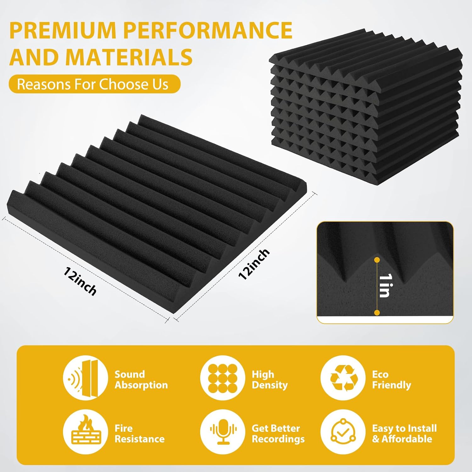 Acoustic Foam Panels Sound Absorbing 12 Pack - 1" X 12"X 12" Sound Proof Panels Noise Reducing for Walls, High Density Sound Deadening Panels Black Wedge for Studio Recording & Office & Home
