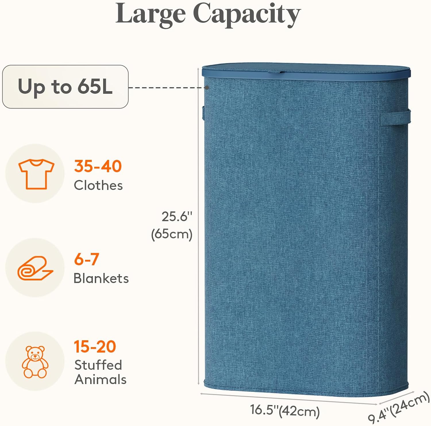 Lifewit Slim Laundry Basket with Lid and Removable Bag, 65L, Dark Blue