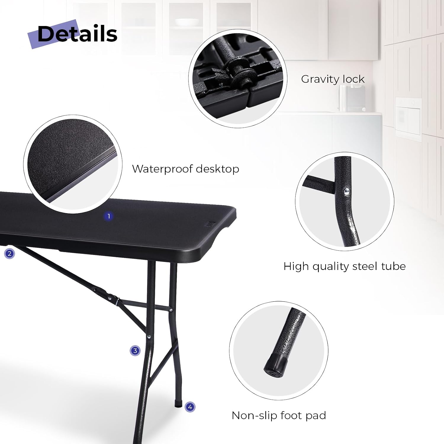 Folding Table 6ft, Heavy Duty Portable Utility Table with Handle, Black