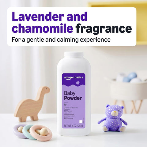 Amazon Basics Lavender and Chamomile Cornstarch Baby Powder, Hypoallergenic, 15 oz, 1 Pack