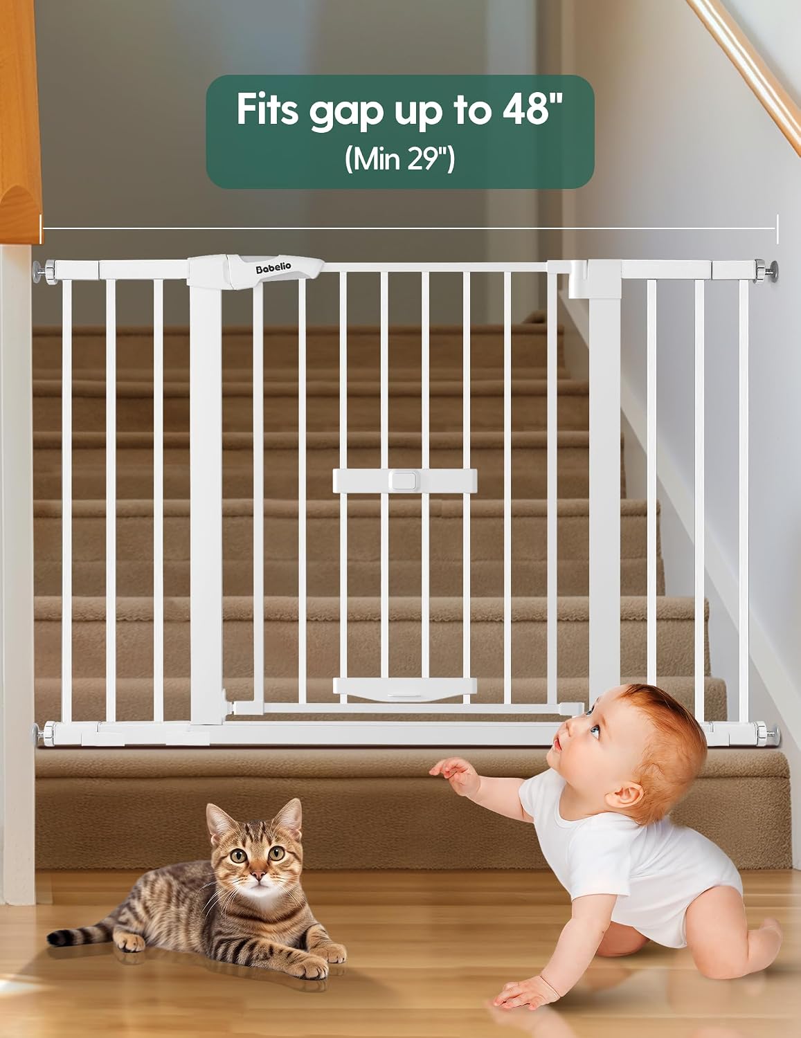 Babelio Extra Wide Dog Gate with Cat Door, CatPrivilege II, 29-48", White