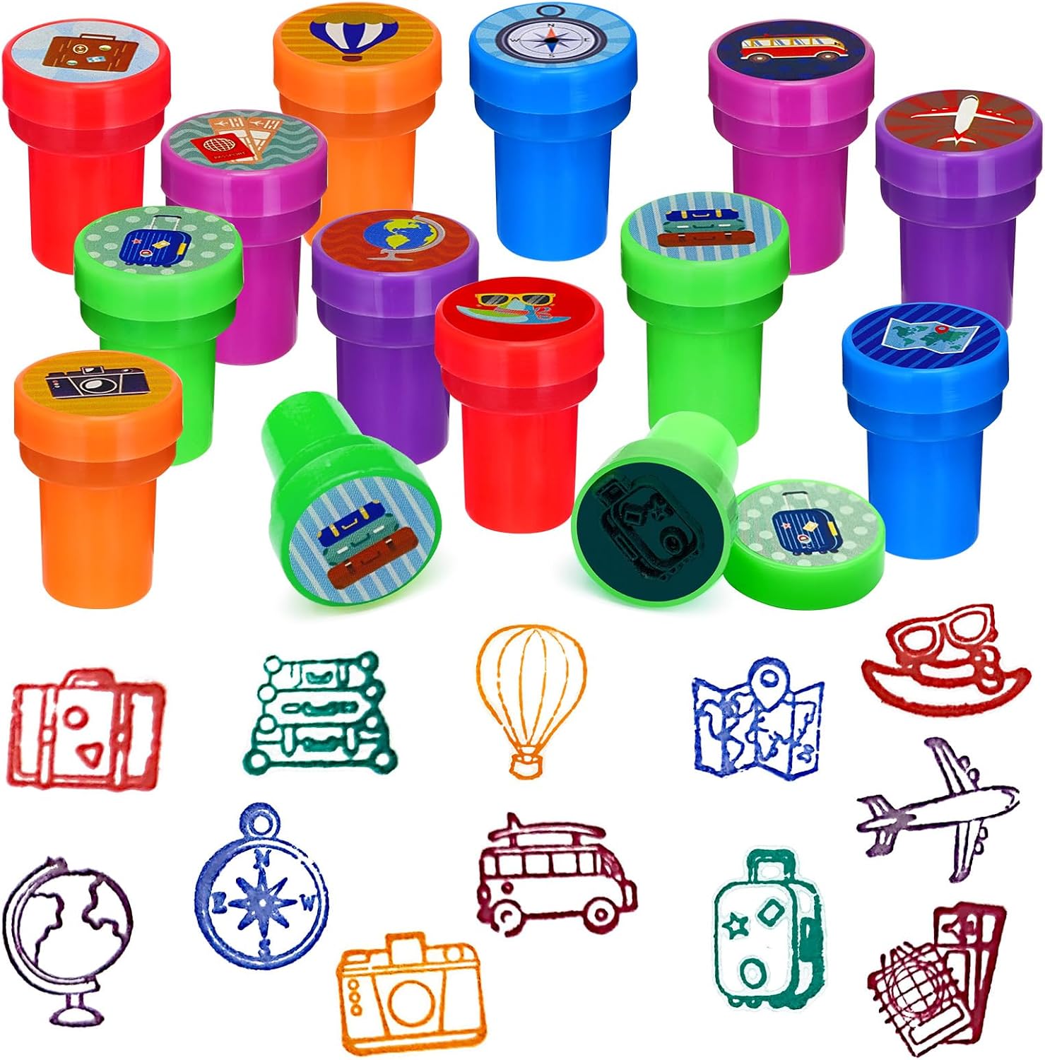 Cinrobiye 24 Pcs Adventure Travel Stampers Party Favor Set Fun Bon Voyage Stamps Birthday Party Supplies Classroom Rewards Carnival Prizes Goody Bag Fillers Pinata Filler Travel Party Gift Set