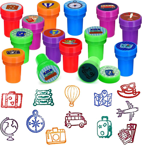 Cinrobiye 24 Pcs Adventure Travel Stampers Party Favor Set Fun Bon Voyage Stamps Birthday Party Supplies Classroom Rewards Carnival Prizes Goody Bag Fillers Pinata Filler Travel Party Gift Set