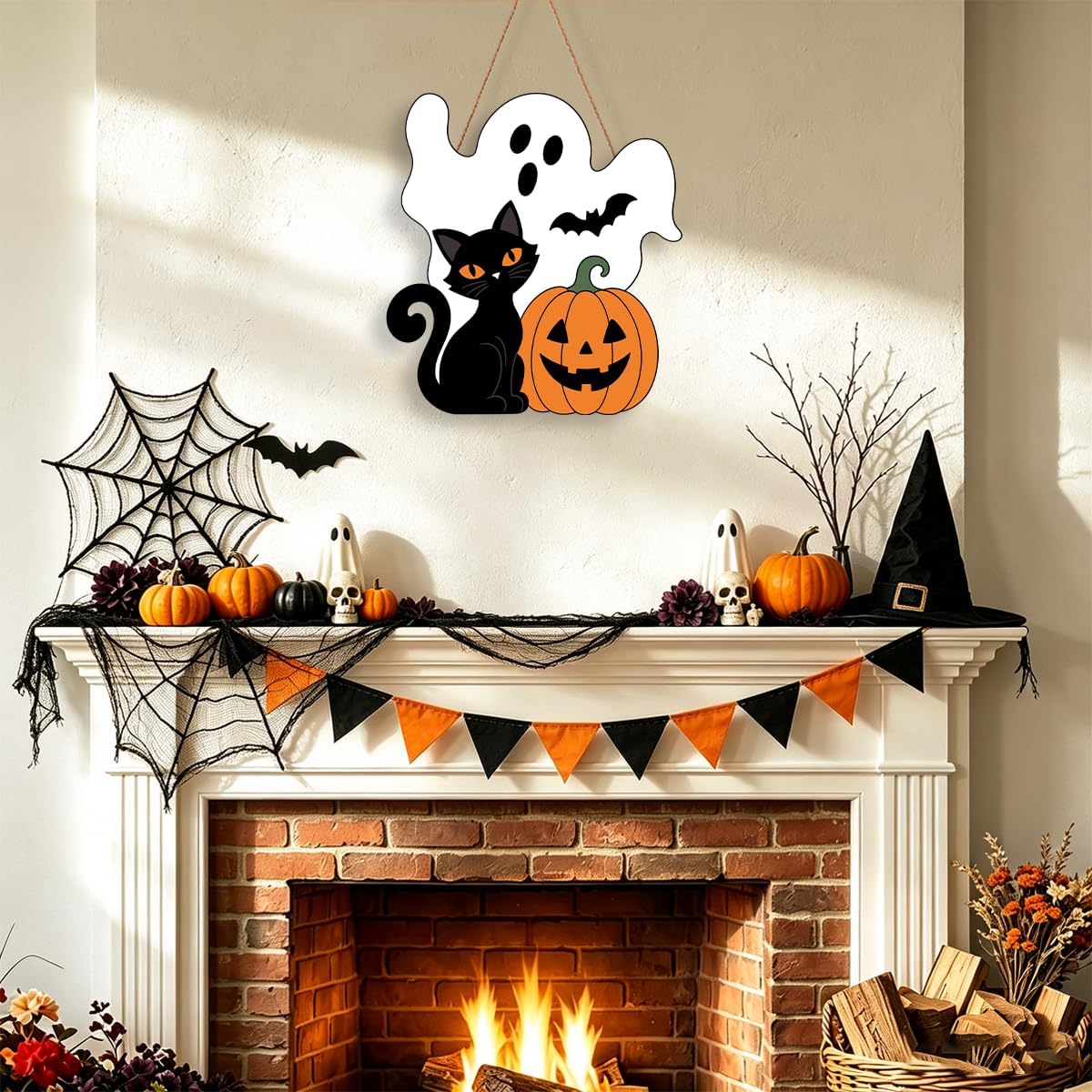 Halloween Ghost Wreath for Front Door Wooden Black Cat Pumpkin Door Decor