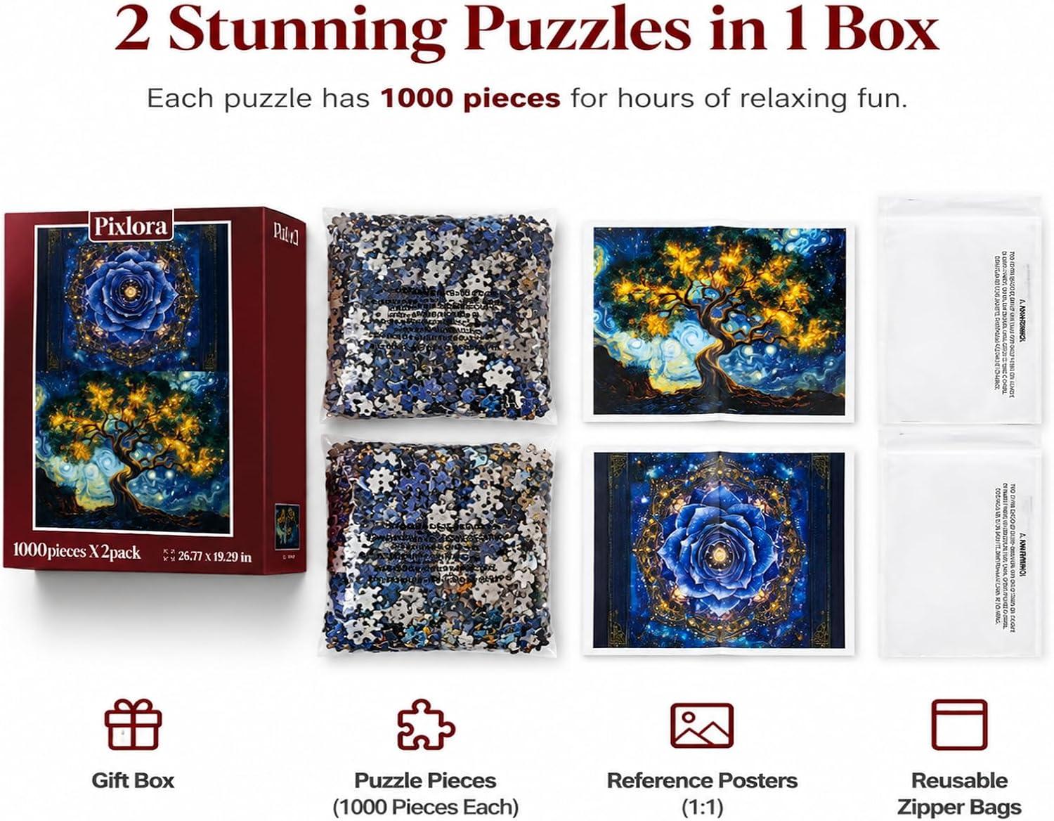 1000 Piece Puzzle for Adults, 2 Pack Botanical and Cosmic Plant Theme, Starry Rose and Tree Design, Challenging Jigsaw Puzzles for Game Night, Ideal for Plant Lovers