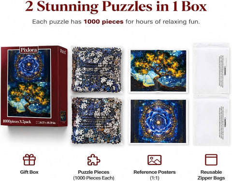 1000 Piece Puzzle for Adults, 2 Pack Botanical and Cosmic Plant Theme, Starry Rose and Tree Design, Challenging Jigsaw Puzzles for Game Night, Ideal for Plant Lovers