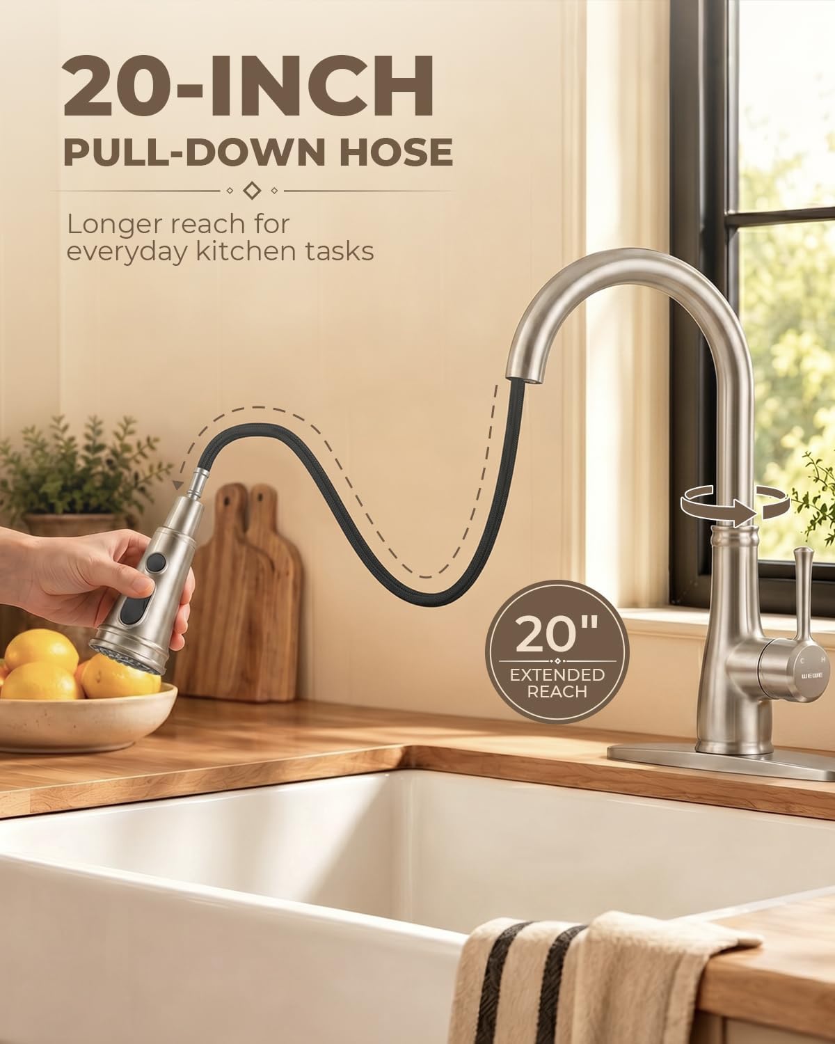 WEWE Vintage Kitchen Faucet, Pull-Down Sprayer, Brushed Nickel, High Arc