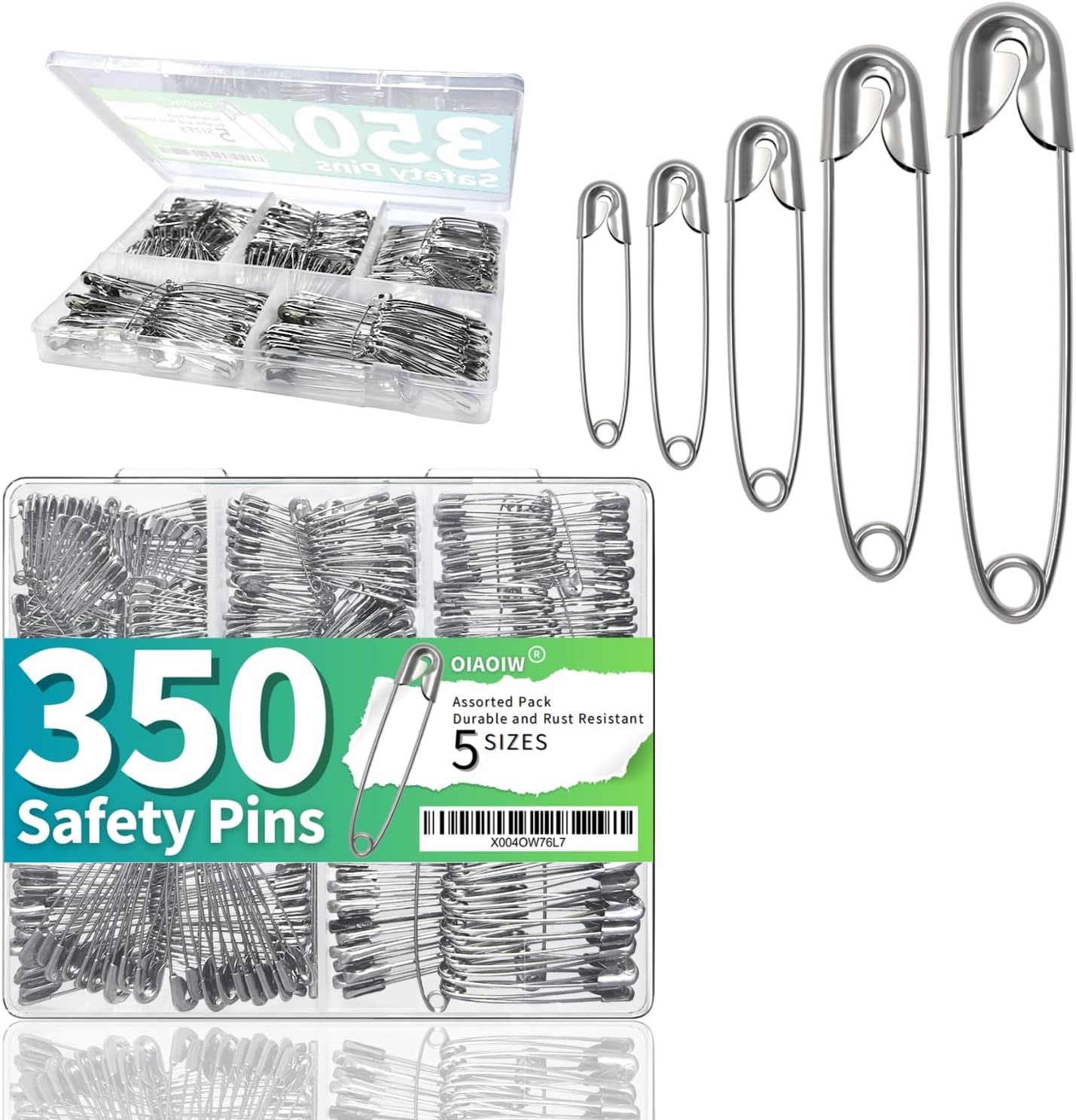 350 Pack Silver Safety Pins for Clothes 5 Assorted Sizes Strong Heavy Duty