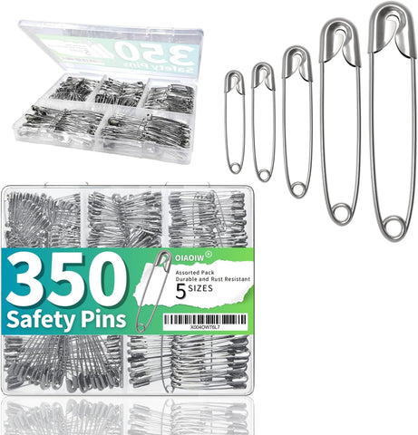 350 Pack Silver Safety Pins for Clothes 5 Assorted Sizes Strong Heavy Duty
