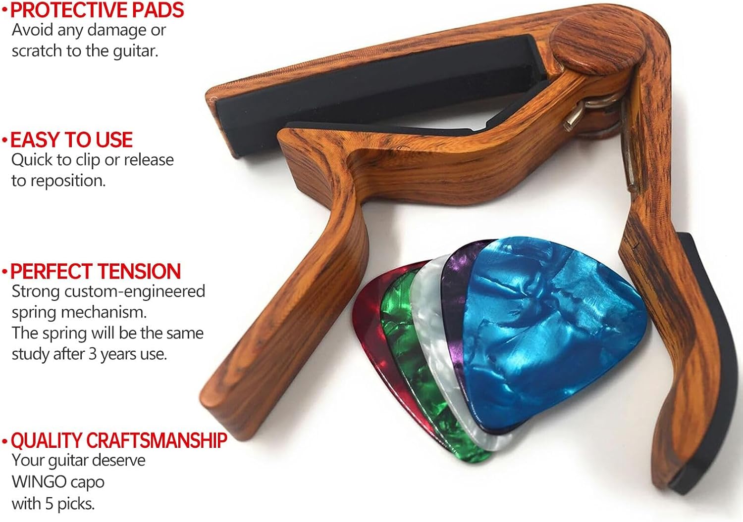WINGO Guitar Capo for Acoustic Electric Guitars-Rosewood Color with 5 Picks