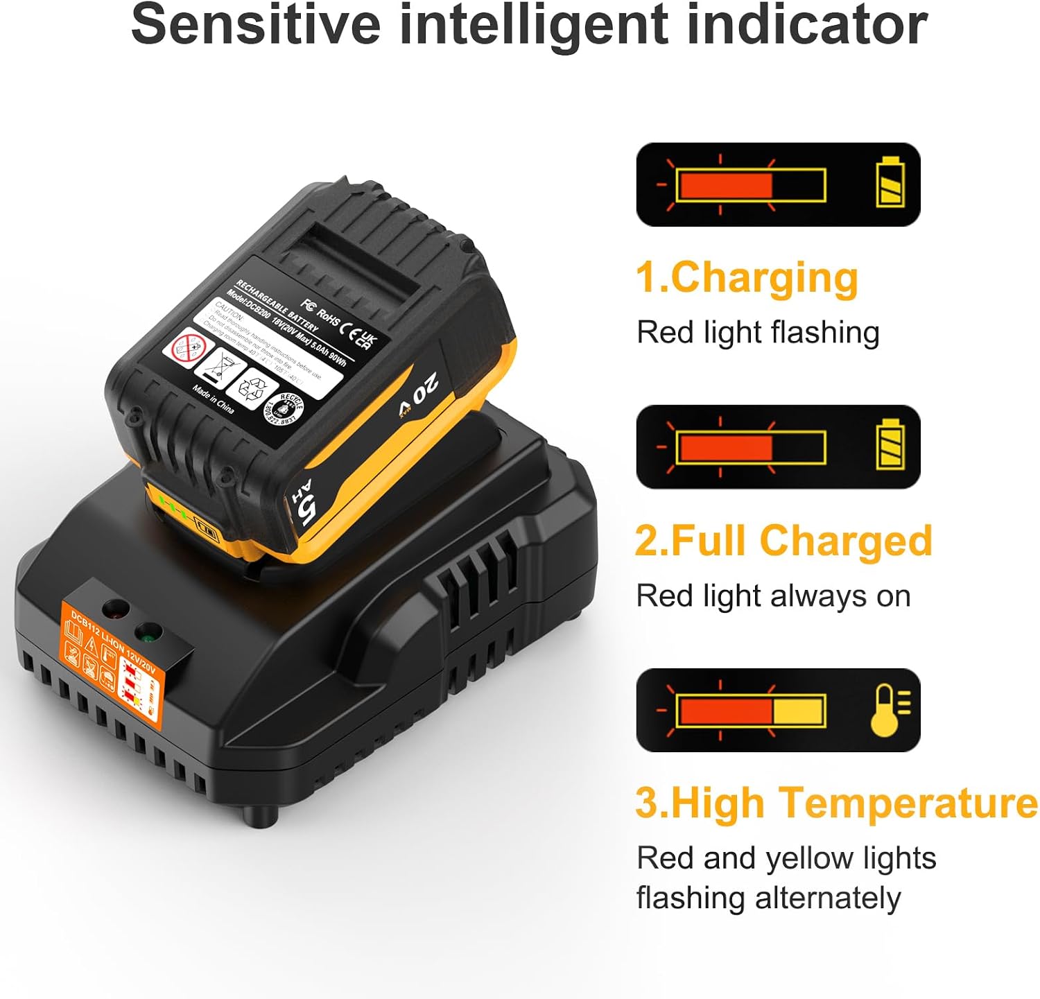 20v Max Battery Replacement for Dewalt Battery 5.0Ah with DCB112 Battery Charger Station for DCB200 DCB120 Black