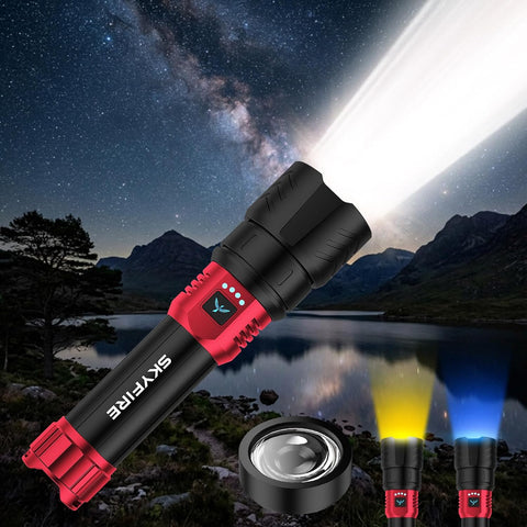 SKYFIRE Bright Flashlight with Ignition Lens&Yellow/Blue Light,3000lm Super Bright Rechargeable Flashlights High Lumens,Zoomable,Waterproof Tactical Flashlight for Camping,Outdoor &Gifts
