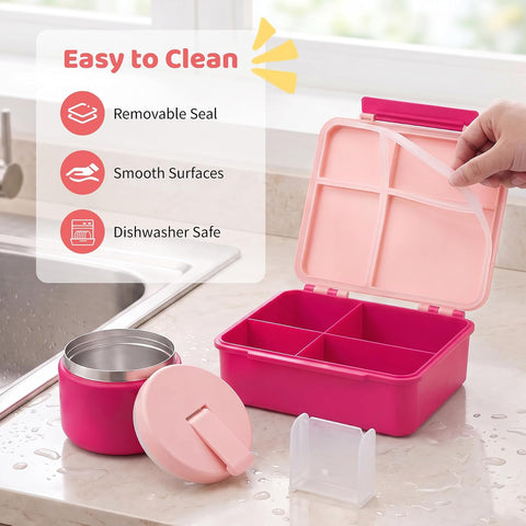 Pawtong Bento Lunch Box with 8oz Soup Thermo, Kids Leakproof Lunch Food Containers with 4 Compartment, Kids Thermo Insulated Hot Food Jar for School, Trvael - (Pink)