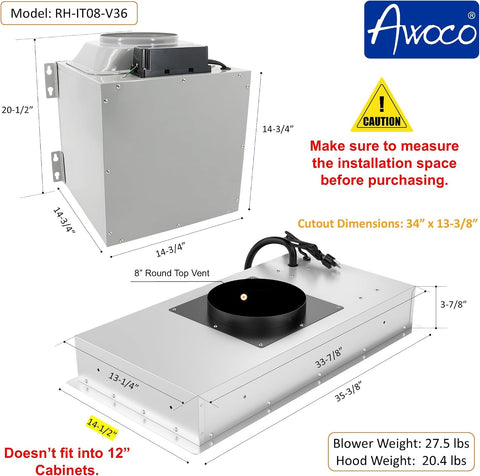 36"Wx15"D Split Insert Ceiling Mount Range Hood with 8" Remote Blower