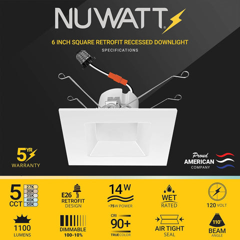 NUWATT 6 Inch Retrofit LED Square Recessed Lighting, CCT 2700-5000K, 4 Pack