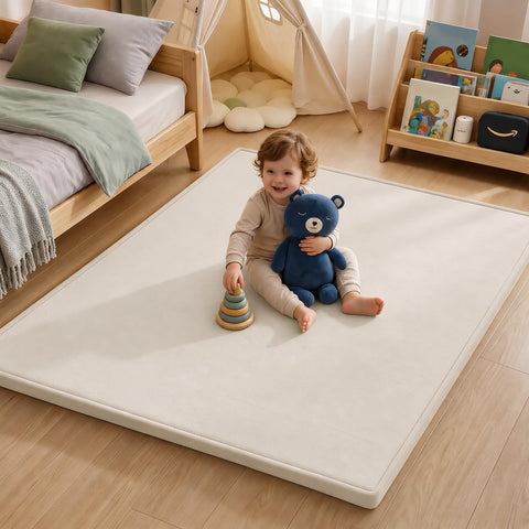 Ultra Soft Play Mat for Floor, 59"×79" Playpen Mat, 1.3" Thick Memory Foam, Non-Slip Tummy Time Mat for Infants, Toddlers, and Kids – Water-Repellent Coral Velvet, Easy Care
