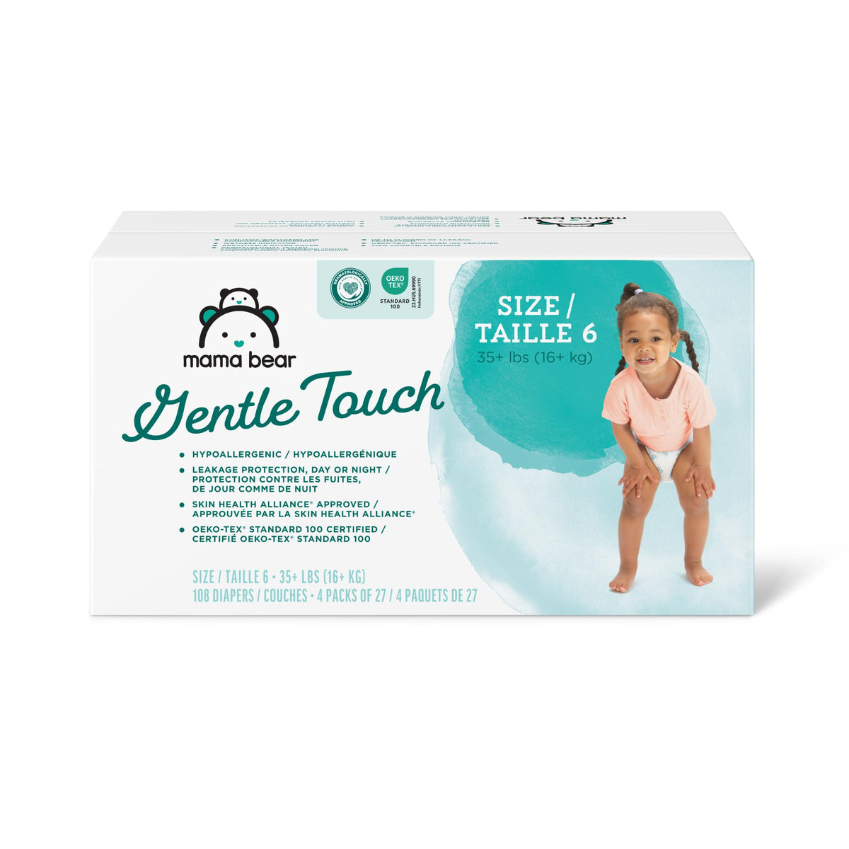 Amazon Brand - Mama Bear Gentle Touch Diapers, Hypoallergenic, Size 6, 108 Count (4 packs of 27), White